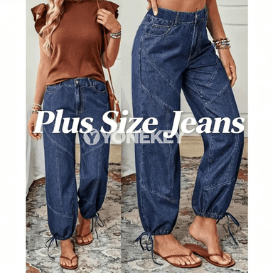 Zenanlar üçin giň kesimli jeans, topukda daňylýan, uly ölçegli