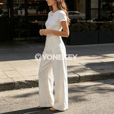 Aýal-gyzlar üçin giň balak jeans, ýokary belli, zolakly, gündelik stil