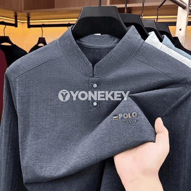 Erkekler üçin mandarin boýunly uzyn ýeňli polo köýnek, iş we gündelik stil