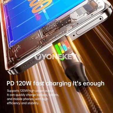 NNBILI 120W USB-A/Type-C çalt zarýad kabeli, LED displeýli, 6A