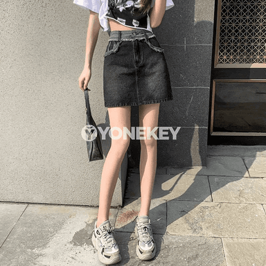 Zenanlar üçin ýokary belli denim mini ýubka, dar kesim