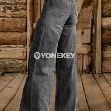 Zenanlar üçin giň balakly denim jeans, ýokary bil, elastik, rahat