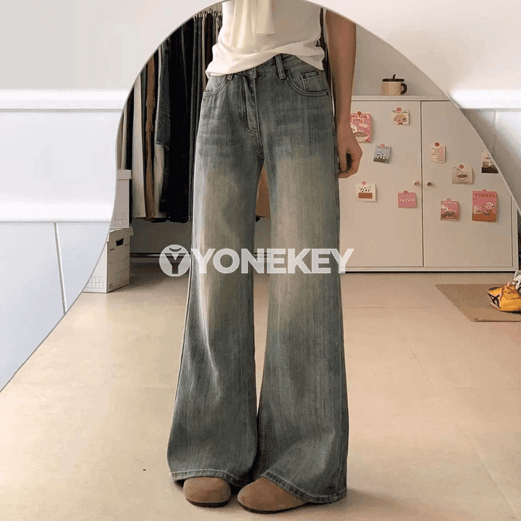 Zenanlar üçin giň kesimli ýokary elastik denim jeans