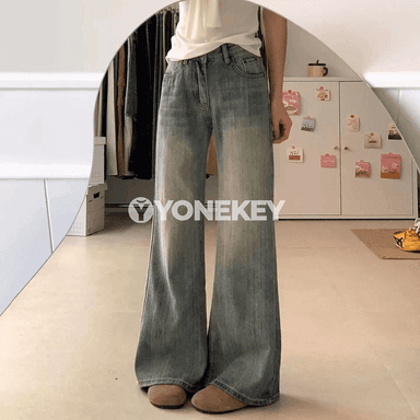 Zenanlar üçin giň kesimli ýokary elastik denim jeans