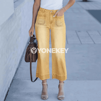 Zenanlar üçin ýokary belli giň balak jeans, rahat we moda
