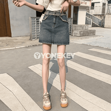 Zenanlar üçin ýokary belli denim mini ýubka, dar kesim