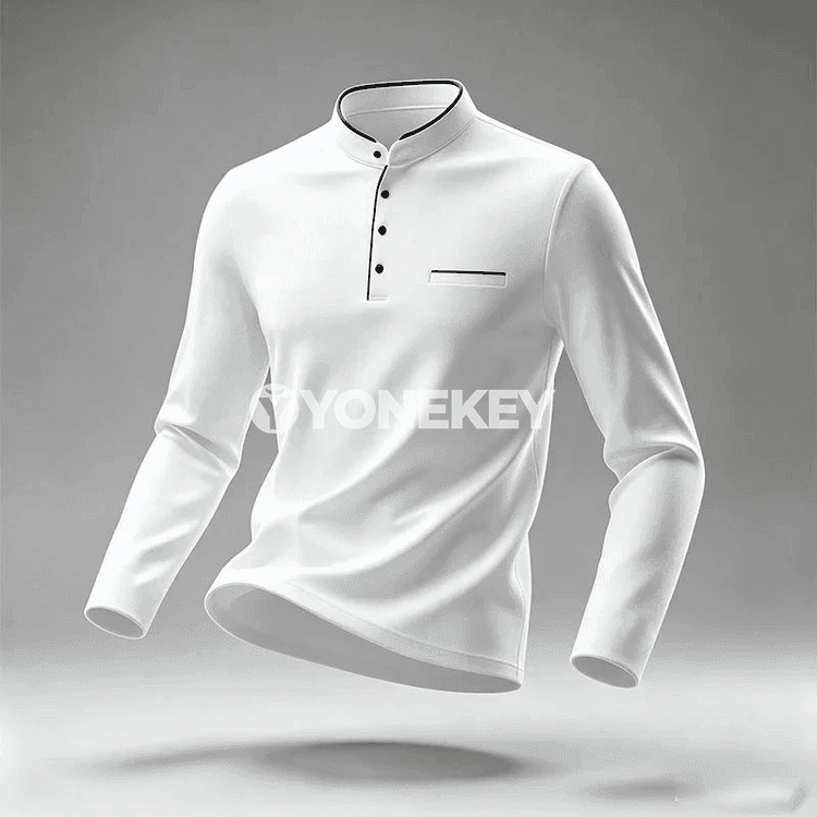 Erkekler üçin mandarin ýakalakly uzyn ýeňli polo köýnek, ofis üçin ýeňil model