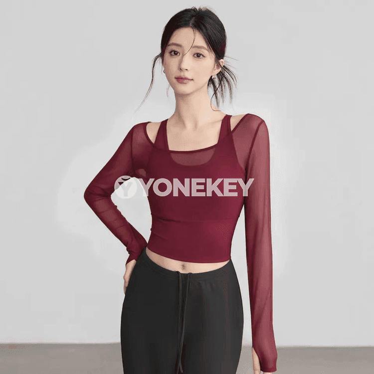 Aýalalar üçin mesh uzyn ýeňli ýoga futbolkasy, sport top