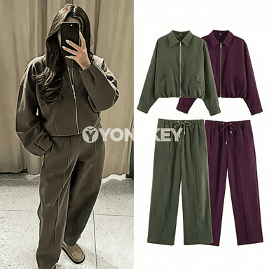 Zenanlar üçin ýaz güýz 2 bölek kostýum: jaket we giň balak