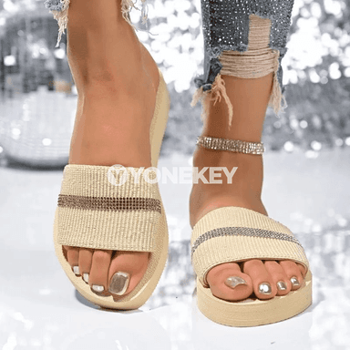 Aýallar üçin tomuslyk dokalan ýeňil sandal, tekiz tabanly, rahat görnüş
