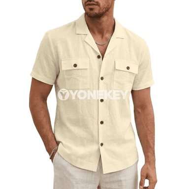 Erkekler üçin tomusky gysga ýeňli dynç alyş köýnegi, düwme-li