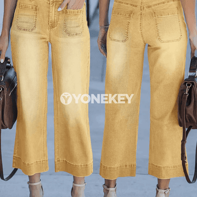 Zenanlar üçin ýokary belli giň balak jeans, rahat we moda