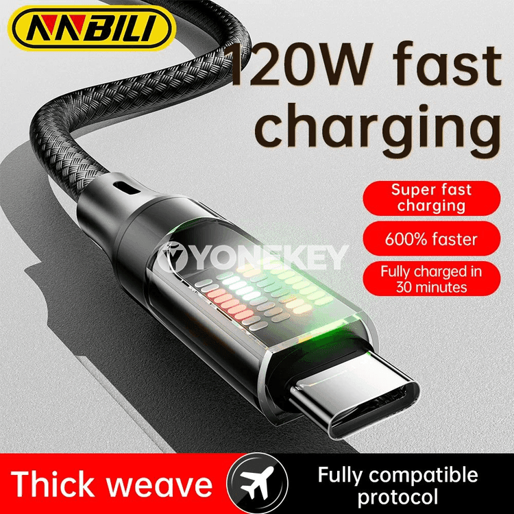 NNBILI 120W USB-A/Type-C çalt zarýad kabeli, LED displeýli, 6A