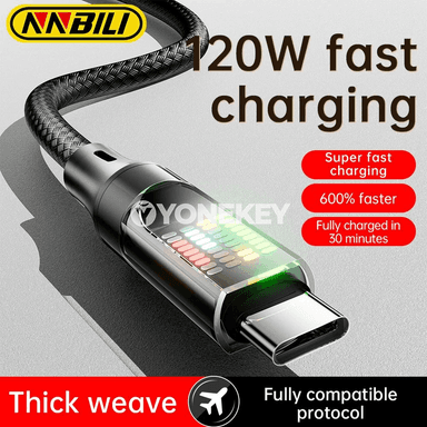 NNBILI 120W USB-A/Type-C çalt zarýad kabeli, LED displeýli, 6A