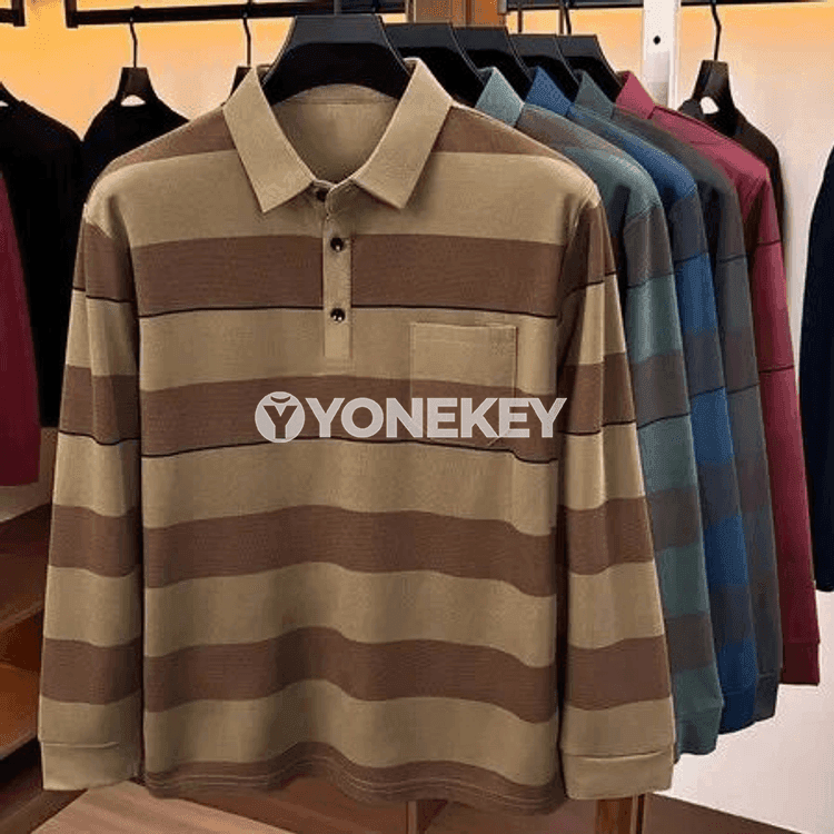 Erkekler üçin uzyn ýeňli zolakly polo köýnek, işewür gündelik stil
