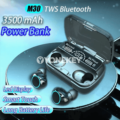 M30 TWS Bluetooth gulaklyklar, su geçirmeýän, mikrofonly, ses basyşy azaldyşly
