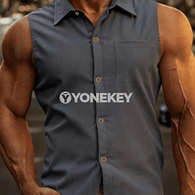 Erkekler üçin ýeňil, ýakalarly, ýeňsiz tomus köýnegi