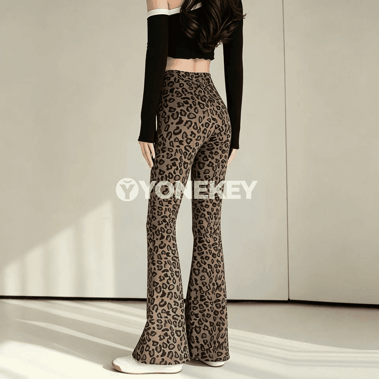 Aýallaryň ýokary boýunly ýoga balaklary, leopard nagşy, giňje kesim