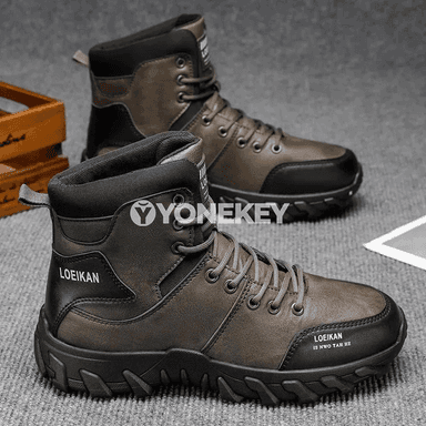Erkekler üçin ýokary boýunly deri krossowka-ädik, bagly, gyş üçin
