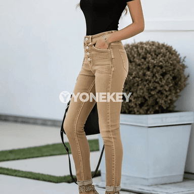 Zenanlar üçin uzyn khaki jeans, giň kesimli, gündelik we döwrebap