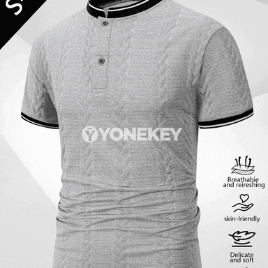 Erkekler üçin dem alýan teksturaly Henley futbolka, tomuslyk