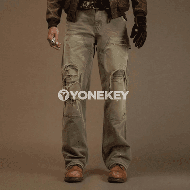 Erkekler üçin giň kesimli retro jeans, vintage ýuwulan denim balak