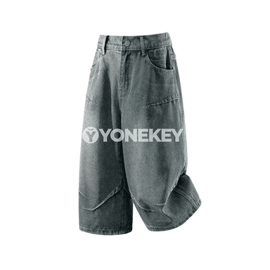 Erkekler üçin vintage denim giň balak-şortik, tomusky rahat stil