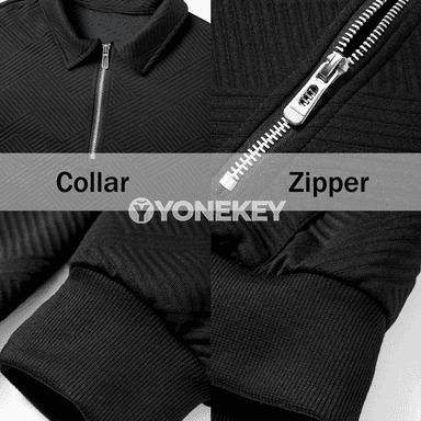 Erkekler üçin geometrik trikotaž zipli polo switer, ýyly we ýeňil