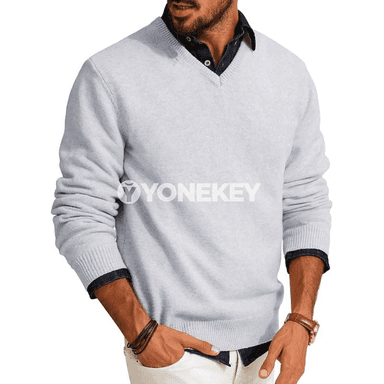 Erkekler üçin V boýun ýeňil switer, güýz-gyş üçin amatly model