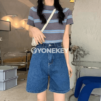 Zenanlar üçin ýokary billi giň kesimli denim şortik