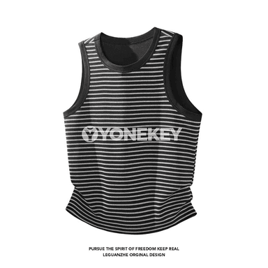 Erkekler üçin zolakly ýeňsiz gündelik tank top, ýeňil we amatly