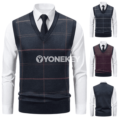 Erkekler üçin V boýunly örme switer, güýz-gyş üçin ýyly ýeňsiz top