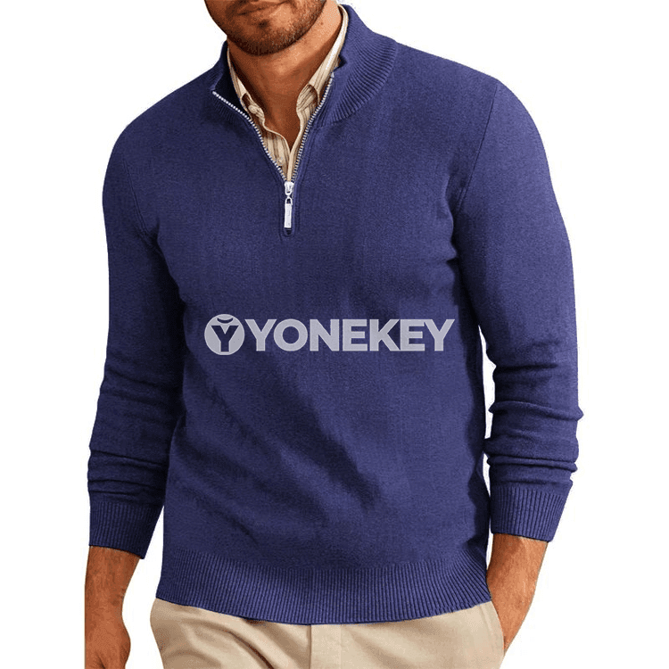 Erkekler üçin zipli ýyly turtleneck switer, uzyn ýeňli örülen model