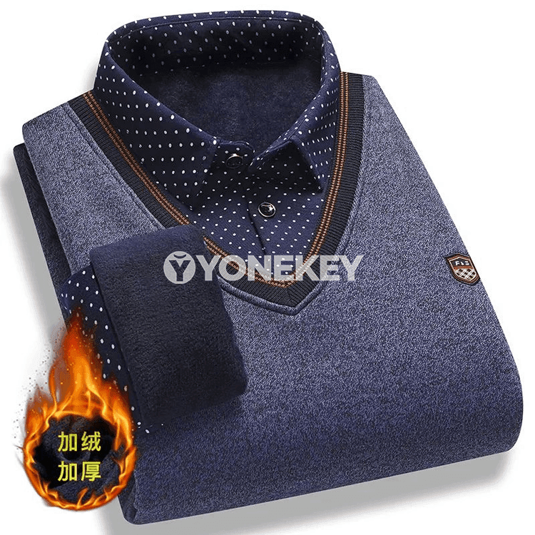 Erkekler üçin ýyly fleece trikotaž polo, uzyn ýeňli, gyşky rahat üst geýimi