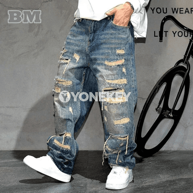 Erkek baggy zäher jeans, göni kesimli, şäher stilindäki balak