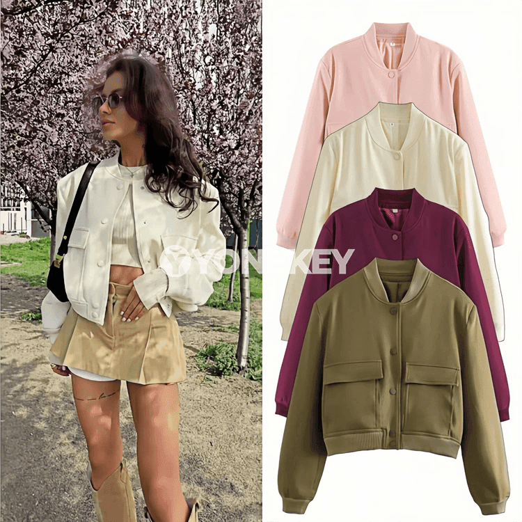 Zenanlar üçin döwrebap bomber jaket, ýeňil we giň kesim