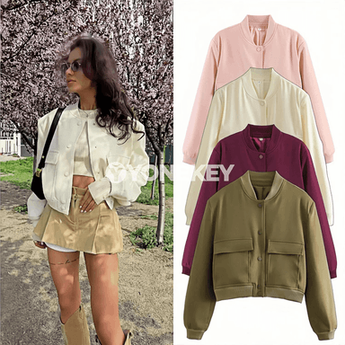 Zenanlar üçin döwrebap bomber jaket, ýeňil we giň kesim