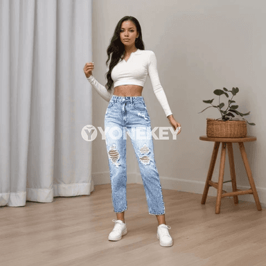 Zenanlar üçin dar kesimli ýyrtyk denim jeans, gündelik stil