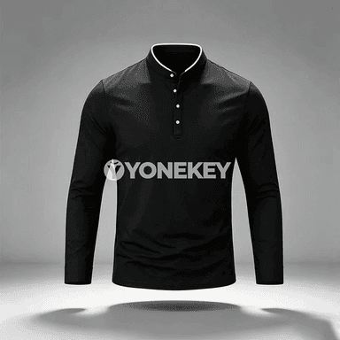Erkekler üçin mandarin ýakalakly uzyn ýeňli polo köýnek, düwmejikli, gündelik stil