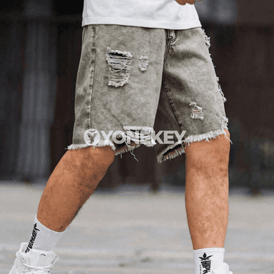 Erkekler üçin retro çal denim şortik, rahat giň kesim