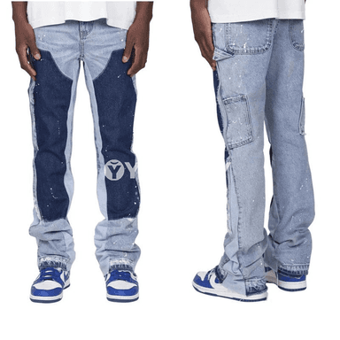 Erkekler üçin patchwork jeans iş balagy, giň nogta görnüşli denim
