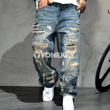 Erkek baggy zäher jeans, göni kesimli, şäher stilindäki balak