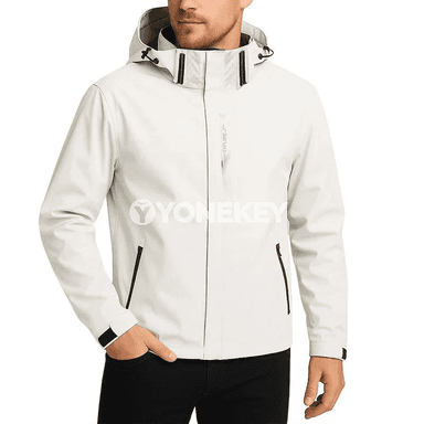 Suw geçirmeýän ýeňil erkek plýaşka jaket, kapýuşonly