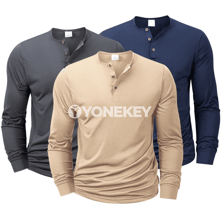 Erkekler üçin uzyn ýeňli Henley boýun futbolka, slim fit