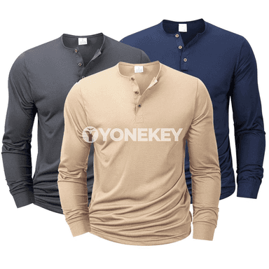 Erkekler üçin uzyn ýeňli Henley boýun futbolka, slim fit