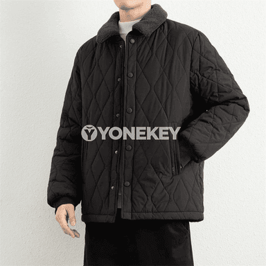 Erkekler üçin gyş ýyly pagta başly jaket, giň kesimli gündelik palto