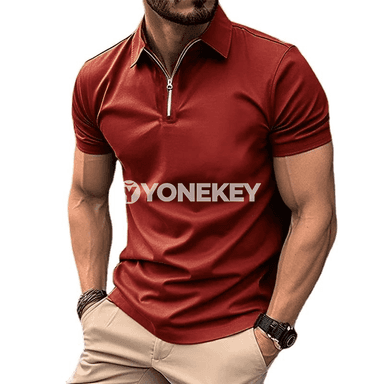 Erkekler üçin ýeňil gysga ýeňli polo futbolka, fermuarly, tomuslyk