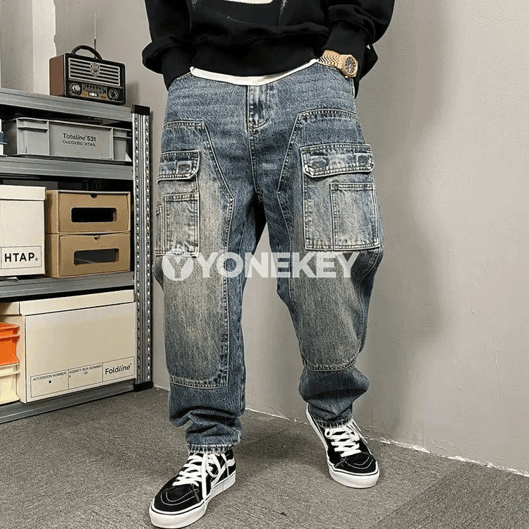 Erkekler üçin giň kelleli retro jeans, göni kesim, şäher stili