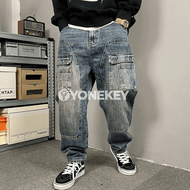 Erkekler üçin giň kelleli retro jeans, göni kesim, şäher stili