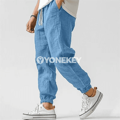 Koreý görnüşli erkek linen balaklary, rahat giň model, ýaz güýz üçin